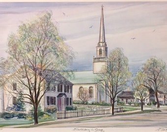 Glastonbury in Spring, wall art of Main Street, gift-sized Connecticut scene of beloved town, Gerald Hardy framable art.