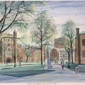 May include: A watercolor painting of a view of Yale University. The painting depicts a grassy courtyard with a statue in the center, surrounded by brick buildings and trees. There are people walking in the courtyard and a bench in the foreground. The painting is signed "A. Handley" in the lower right corner and numbered "25/200" in the lower left corner.