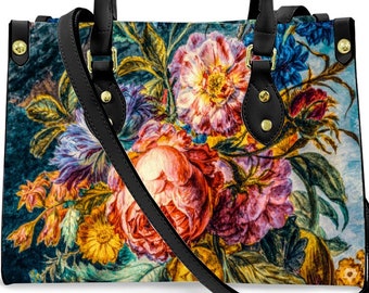 Sac en similicuir élégant et unique avec des roses luxueuses. Peinture à l'huile d'impression d'art.