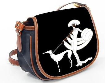 Small graceful elegant art deco shoulder bag, inspired by the aristocratic genius of Erte. White silhouette of a lady with a dog on a black
