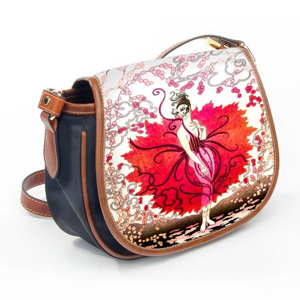 Petit sac à main bandoulière gracieux élégant style art déco, inspiré par génie aristocratique d'Erte. Gracieurse Ballerine en robe rouge