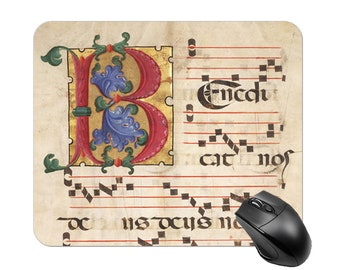 Musical art Square Mouse Pad Non-Slip Base for Computer Laptop Home Office print Letter B Medieval Monogram musical score sheet music notes