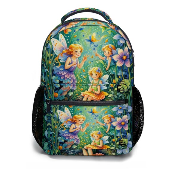 Smiling Fairies in a Magical Garden Backpack. Custom Backpack Stylish School Bag Casual Business Travel Work Backpack be it school, work.