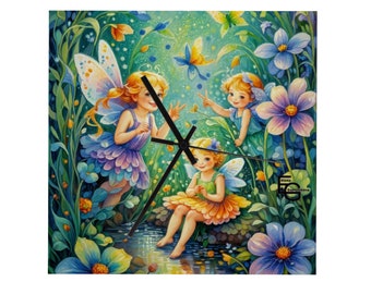 Dream Gift. Smiling Fairies Children's Clock. A World of Wonders for Your Child. 11"/12"/15" Square Non-ticking Scaleless Wooden Wall Clock