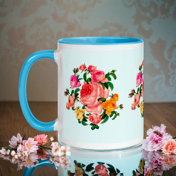 Blue Floral Ceramic Mug. Shabby Chic Rose Design. 11oz Coffee Mug Blue Rose Mug. Shabby Chic English Teacup. Gift for Mom Floral Coffee Mug