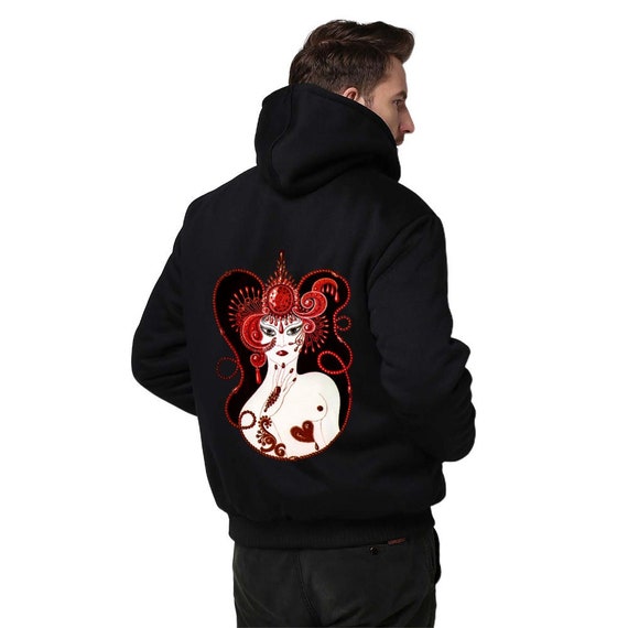 Men's Thick Plush Zippered Hoodie Long Sleeve Coat. Art nouveau print inspired by Erte. Beautiful red-haired Woman Art Prints best gift idea