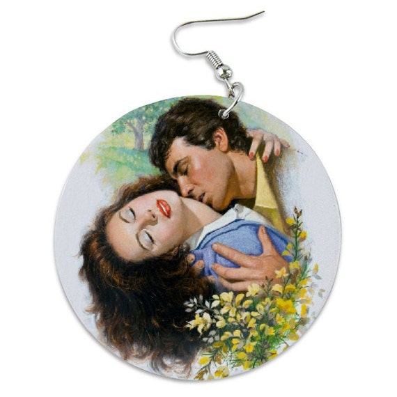 Romantic Gift Round Wooden Colored Drop Earrings, Jewelry of Love. Love Dream Engraved Couple Wooden Earrings. Couple Embraced Drop Earrings