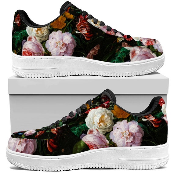Women's Designer Shoes, Men's Designer Shoes, Dark sneakers with roses. Personalized unique artistic shoes unisex sneakers leisure sports