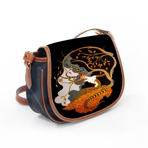 Small graceful elegant art deco shoulder bag, inspired by the aristocratic genius of Erte. Red-haired graceful woman on a black background