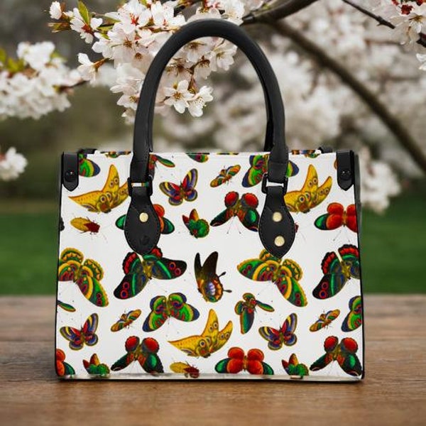 Fashionable Spacious handbag with rainbow butterfly print. Mother's Day gift for butterfly lover. Gift for women who love butterflies.