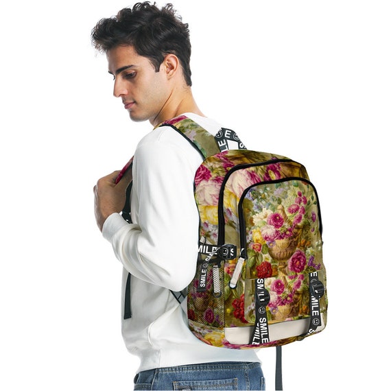 Floral Art Prints Backpack, Botanical Pattern Backpack, Flower Prints Personalized Fancy Satchel Backpack with Straps 12" x 17" x 7"