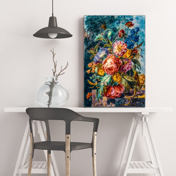 Luxury Flowers Wall Art Oil Painting Original art print, Wooden Inner Framed Canvas Painting, 30cm x 45cm 12" x 18" Roses On Blue Background