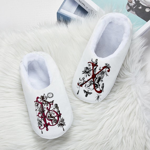 Indoor Flannel Slippers for Winter, Personalized Initial Letters Print, Closed-toed Shoes for Adults, Children. Order initials for yourself