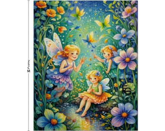 Fairies for kids. Happy fun fairies in a magical garden. All sizes Canvas Print, Wooden Inner Framed Canvas Painting for Children's rooms