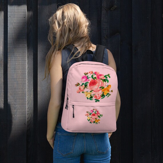 Pink Color Medium Size Heavy Duty Waterproof Backpack With Laptop Pocket Art Print Roses Bouquet guirlande couronne For Women Girl