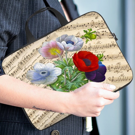 Musical Art Custom Computer Bags. Laptop Sleeve Case musical music print, floral print, notes and flowers. musical score and poppy bouquet