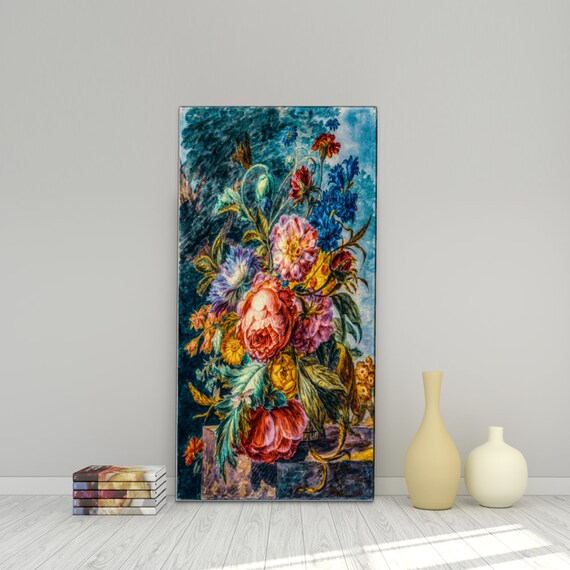 Oil painting delightful romantic artistic print on canvas 20cm x 40cm 8" x 16" A luxurious bouquet of roses and flowers on the blue sky