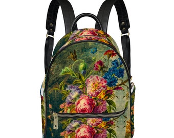 Flower School Bags, Floral all over print Leather BACKPACK unisex, Bags Leather, Backpack Schoolbag 27cm x 18cm x 31cm (10.6" x 7" x 12.2")