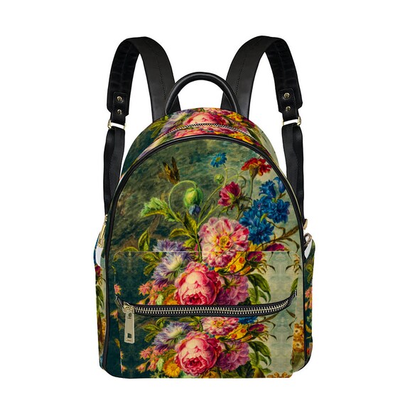 Flower School Bags, Floral all over print Leather BACKPACK unisex, Bags Leather, Backpack Schoolbag 27cm x 18cm x 31cm (10.6" x 7" x 12.2")