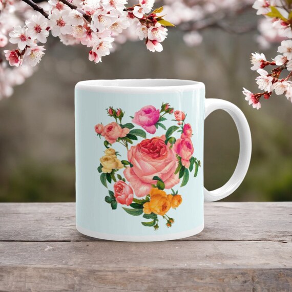 BLUE color Ceramic mug with a magnificent wreath of roses in the traditional English Shabby chic style. Best gift for rose lover, pink lover