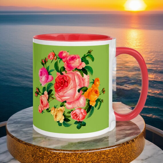 Ceramic mug in green and red color with beautiful wreath of roses in traditional English style. Best gift for rose lover