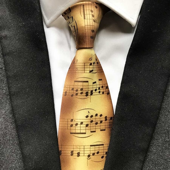 Tie for a man. Print musical black notes on a white background, gold background, crimson background, blue background. Gift for her musician
