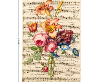 Musical wall art Satin Silky Poster  24" x 35" Elegant and romantic bouquet of roses & lilies against the background of a musical manuscript