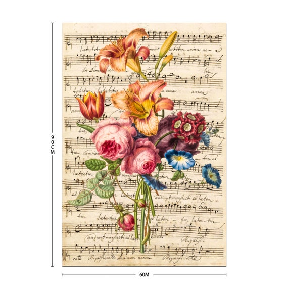 Musical wall art Satin Silky Poster  24" x 35" Elegant and romantic bouquet of roses & lilies against the background of a musical manuscript