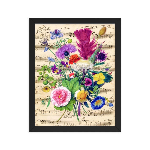 Framed poster Musical Wall Art Wildflowers on a Musical Manuscript Poster Framed thick matte paper The matte black frame made from wood