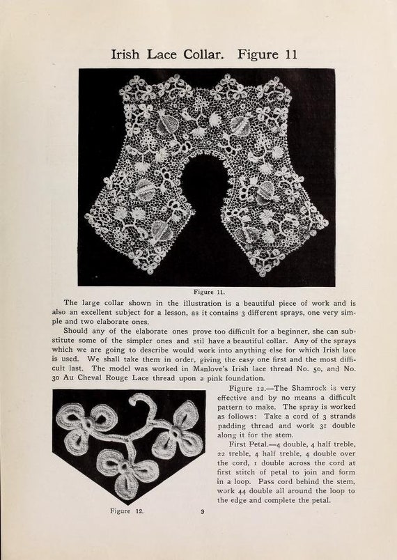 Irish crochet design patterns. An antique book 1900 with step-by-step detailed instructions and photographs, retouched in high resolution.