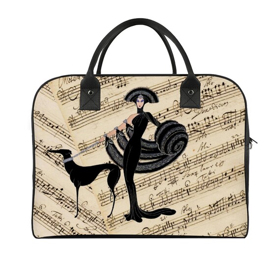 Custom Fashion Commute Bag Cross Body Sling Travel. Musical sheet music notes print. Art nouveau inspired by Erte Beautiful Lady Art print