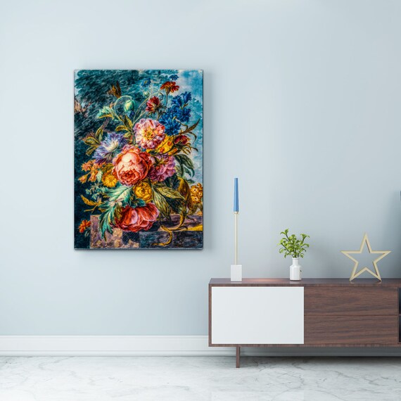 Luxury Flowers Wall Art Oil Painting Original art print, Wooden Inner Framed Canvas Painting, 50cm x 70cm 20" x 28" Roses On Blue Background