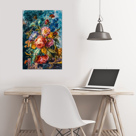 Luxury Flowers Wall Art Oil Painting Original art print, Wooden Inner Framed Canvas Painting, 20cm x 30cm 8" x 12", Roses On Blue Background