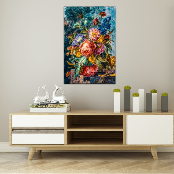 Luxury Flowers Wall Art Oil Painting Original art print, Wooden Inner Framed Canvas Painting 40cm x 60cm 16" x 24", Roses On Blue Background