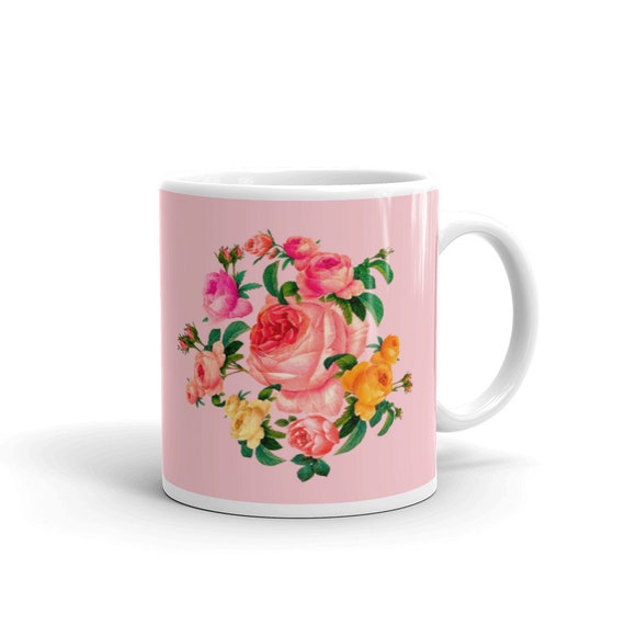 Pink color Ceramic mug with a magnificent wreath of roses in the traditional English Shabby chic style. Best gift for rose lover, pink lover