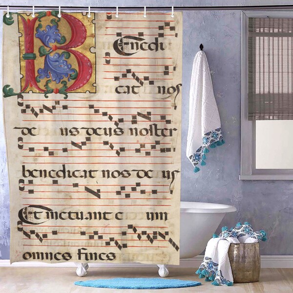 Rideau de douche de bain imprimer lettre B monogramme médiéval partition musicale, partition, notes de musique pour mélomane et musicien