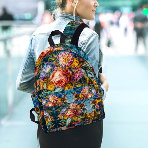 Personalized bag, Zippered travel backpack 14" x 18" x 4", Elegant and unique schoolbag with luxurious rose art print. Oil painting