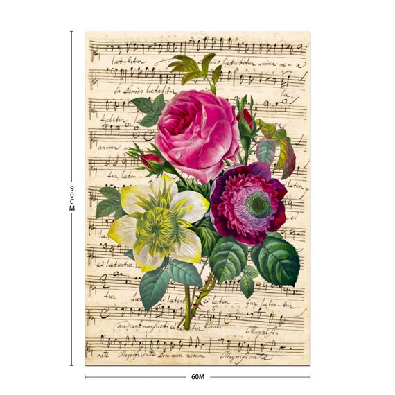Musical Art Deco silky satin poster 24" x 35". Elegant romantic bouquet of roses on the background of a musical manuscript. Music Room Decor