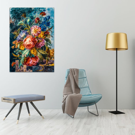 Luxury Flowers Wall Art Oil Painting Original art print, Wooden Inner Framed Canvas Painting, 55cm x 80cm 22" x 31" Roses On Blue Background