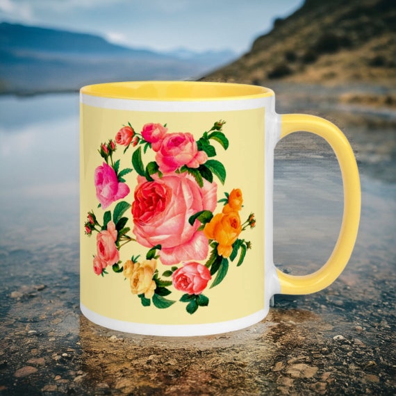 Ceramic tea and coffee cup, yellow outside and inside. Rose wreath print in traditional english shabby chic style. Gift for a rose lover mom