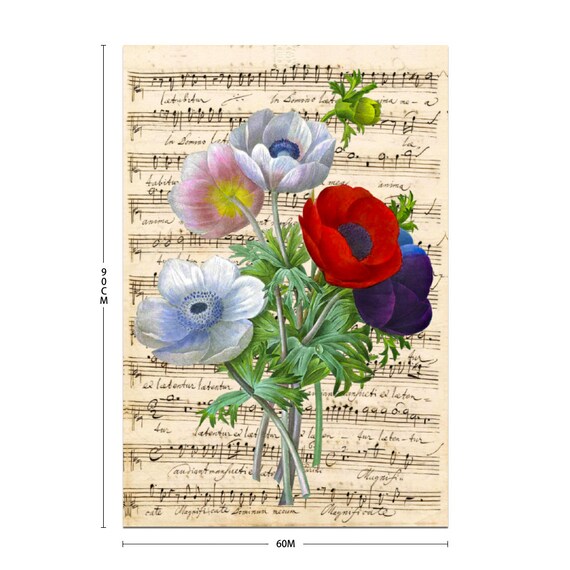 Musical wall art, Satin Silky Poster 24" x 35". Elegant and romantic bouquet of poppies against the background of a musical manuscript .