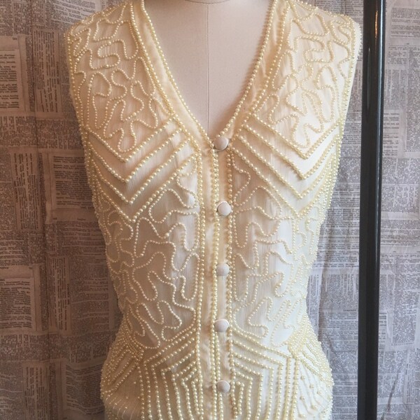 Vintage Ivory Silk Vest w/ Elaborate Pearl Beading