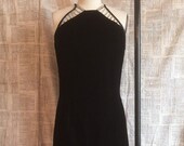 Vintage GUNNE SAX Brand Black Velvet Evening Gown - Halter Neck w Rhinestone Neckline Detail