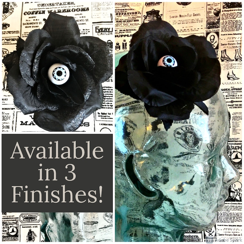 Extra Glitter Gothic Black Rose Hair Accessory Glitter 3 Finish Options Available: No Glitter Peeking Eyeball Hair Clip