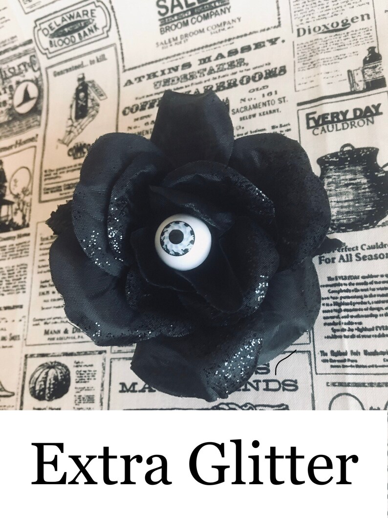 Extra Glitter Gothic Black Rose Hair Accessory Glitter 3 Finish Options Available: No Glitter Peeking Eyeball Hair Clip