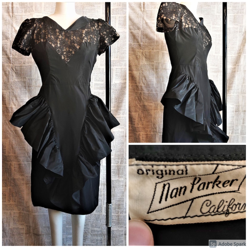 and Sweetheart Neckline Lace Accents Black Taffeta Skirt with Whimsical Ruffle Vintage 60s Cocktail Dress