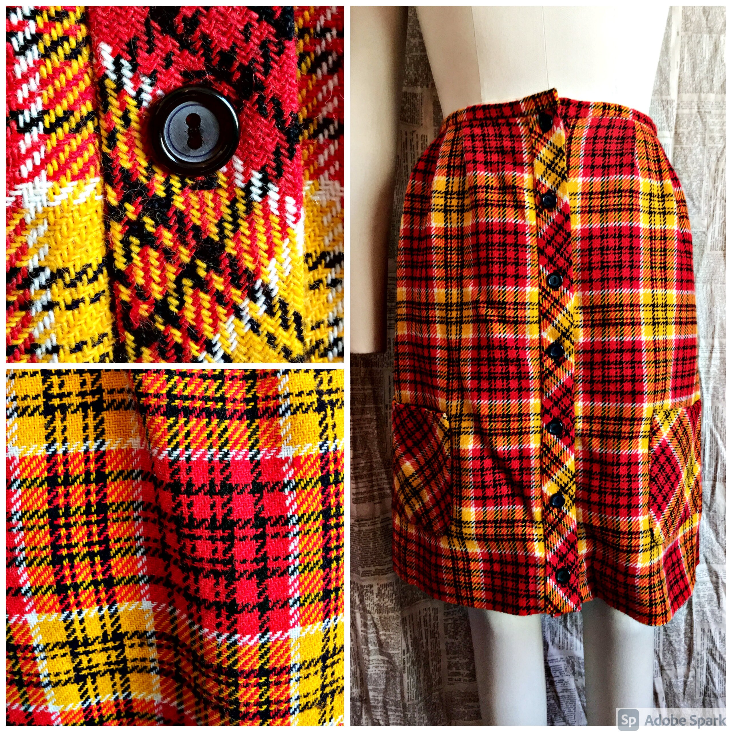 Vintage Plaid Skirt Red \u0026 Gold Button 