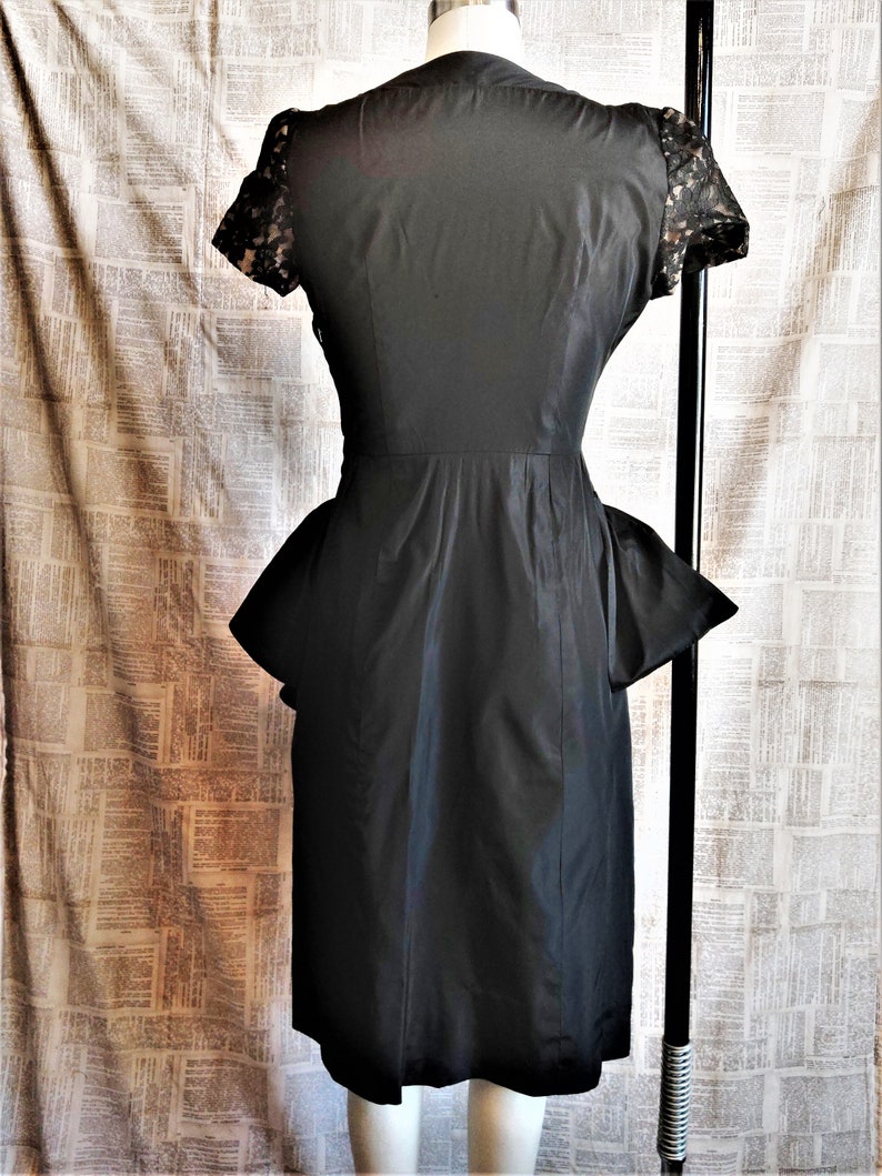 and Sweetheart Neckline Lace Accents Black Taffeta Skirt with Whimsical Ruffle Vintage 60s Cocktail Dress