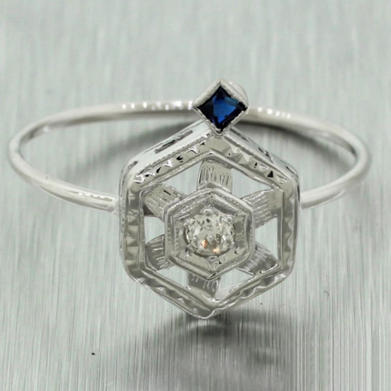 Antique Art Deco 14k White Gold 0.15ctw~ Diamond /& Sapphire Conversion Ring