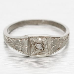 Antique Art Deco 14k Solid White Gold 0.01ct Diamond Baby Ring